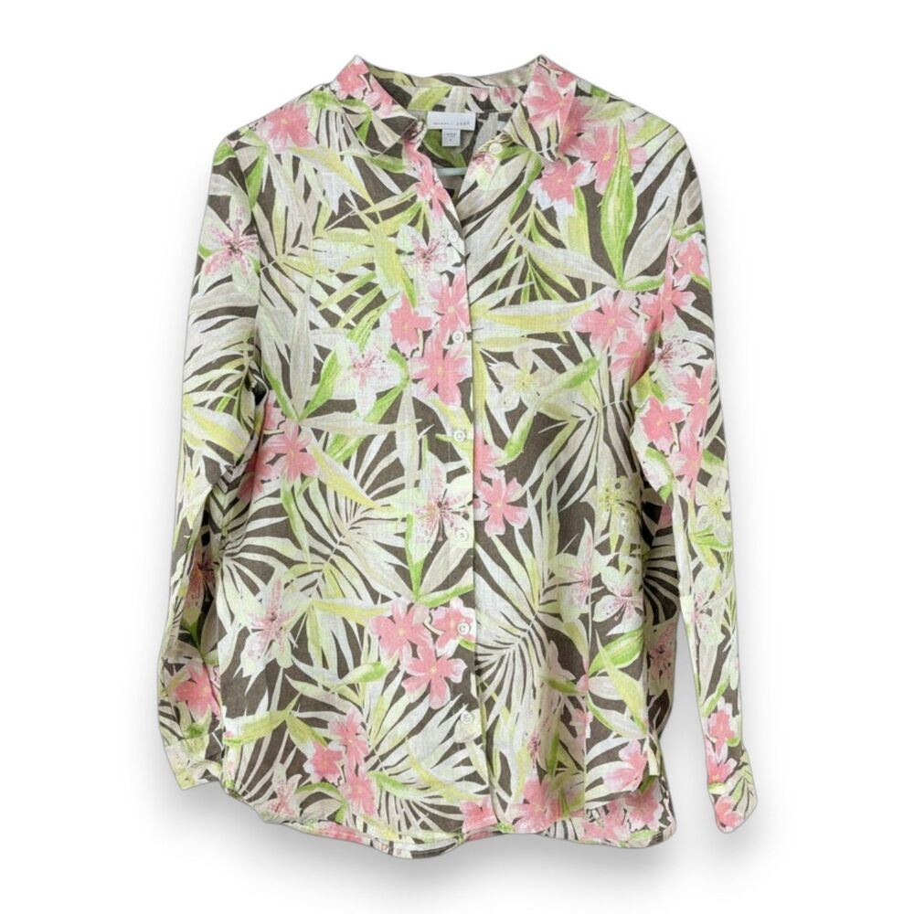 J. Jill Love Linen Tropical Floral Shirt Pink Green Cottage Fairy Boho SM